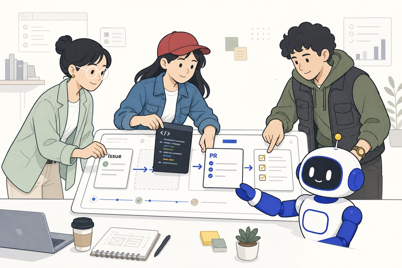 Navigator、Builder、Quality、ChabiがIssue、コード、レビュー、PRのワークフローを同じ作業面で整理しているイラスト