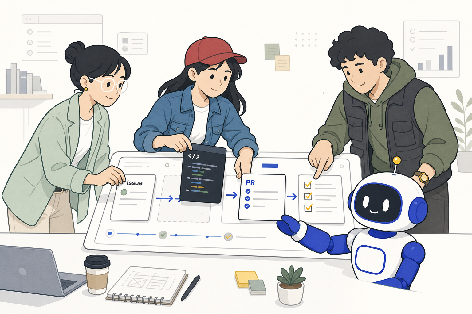 Navigator、Builder、Quality、ChabiがIssue、コード、レビュー、PRのワークフローを同じ作業面で整理しているイラスト