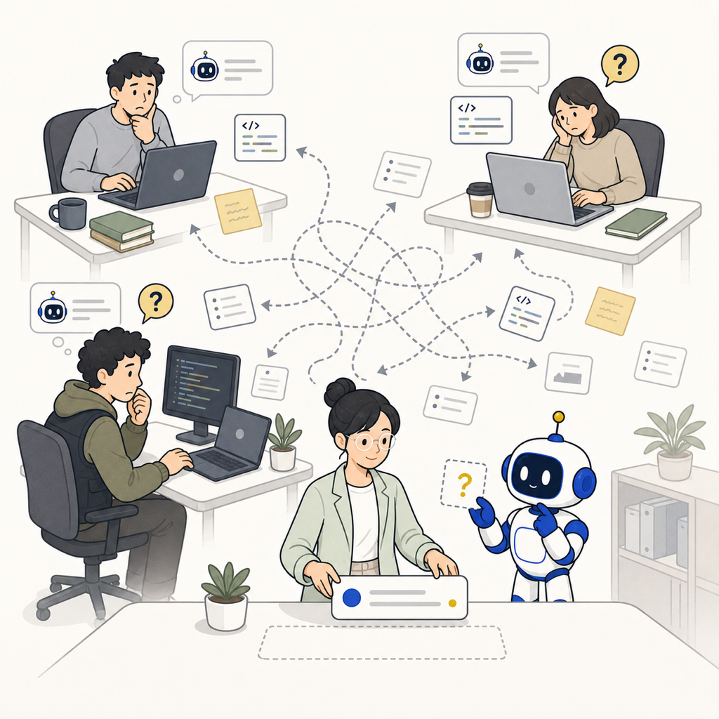 ばらばらのAI利用で矢印が絡まる顧客側の机を、NavigatorとChabiが中央の文脈カードへ整理しているイラスト