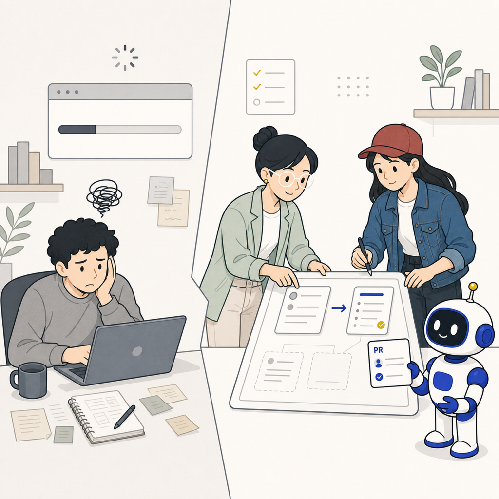遅れを感じる顧客側の開発者の横で、Navigator、Builder、Chabiが再利用できる開発ワークフローを整理しているイラスト