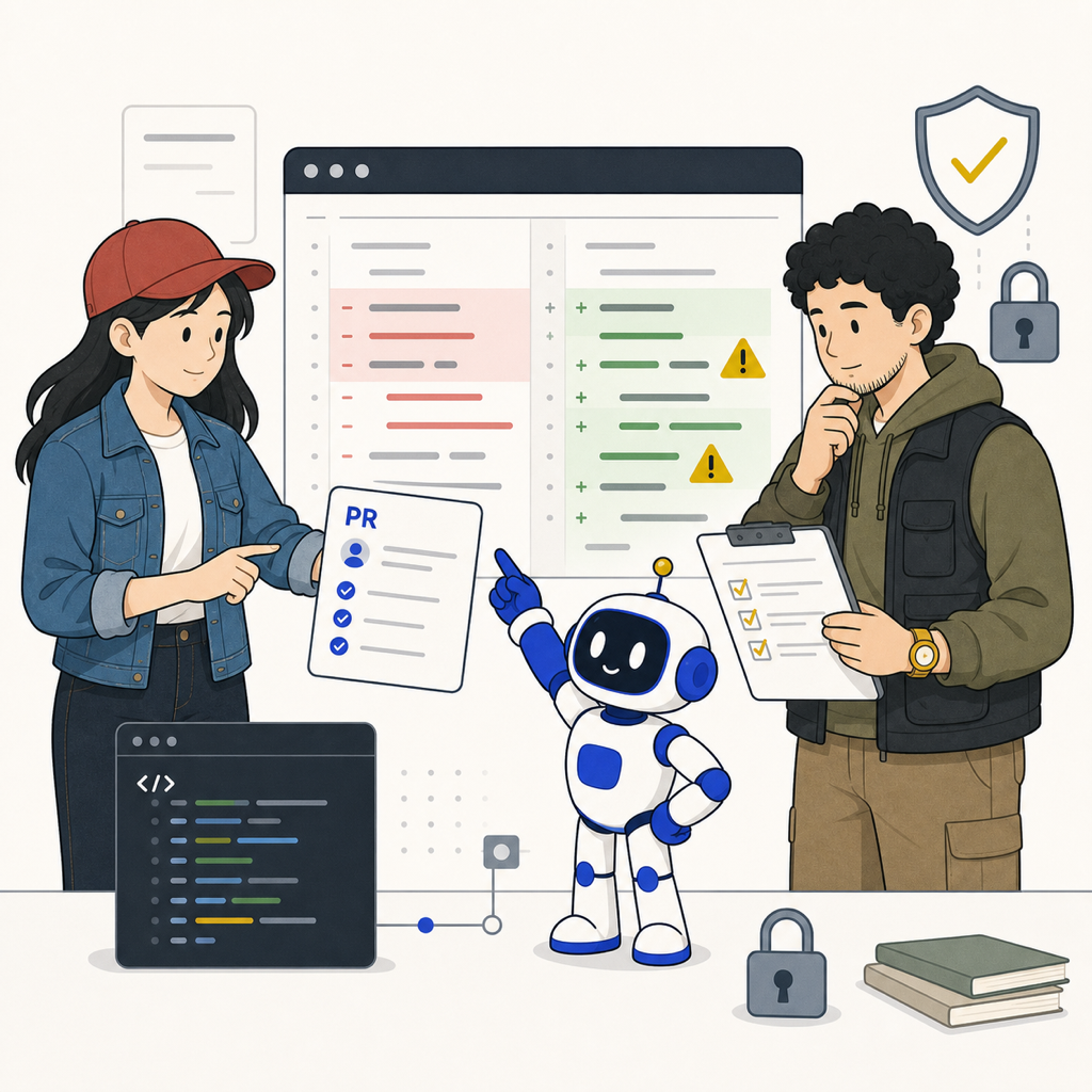 Builder、Quality、Chabiがdiff画面、PRカード、チェックリスト、盾とロックを見ながら品質とセキュリティを確認しているイラスト