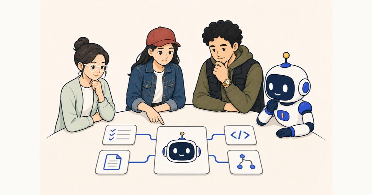 Chabitのv6キャラクターとChabiが、少数のスキルカードをSSoTへ整理しているシンプルなイラスト